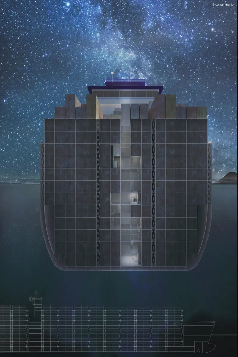 Frontal elevation of a container ship hull with modular grid facade beneath a starry night sky
