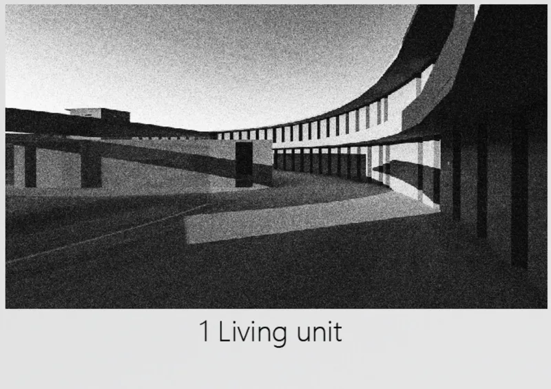 Rendered interior showing curved colonnade with rhythmic vertical openings under an overhanging roof plane