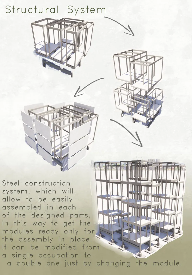 Axonometric drawing illustrating the modular steel frame structural system at various assembly stages