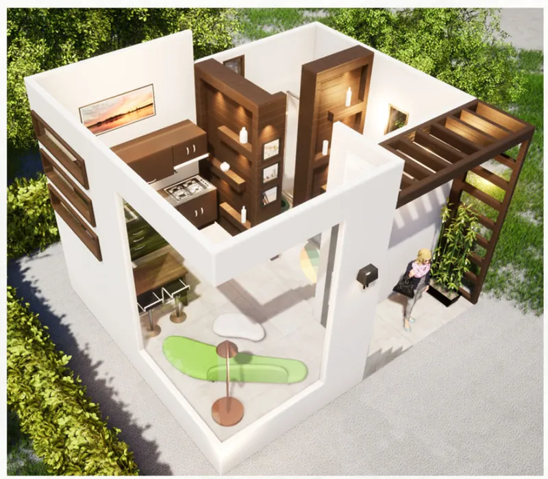 Cutaway view of the compact dwelling with white walls, timber screens, and open-air terrace in sunlight