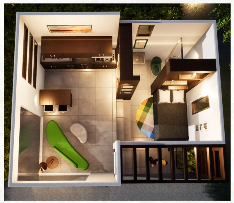 Overhead cutaway showing the interior layout with kitchen, bedroom, timber stair, and skylights at dusk
