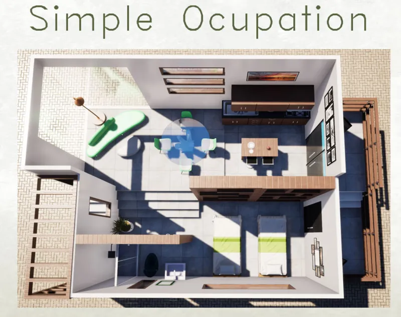 Top-down sectional model of the unit revealing living spaces across two levels with balcony and stair