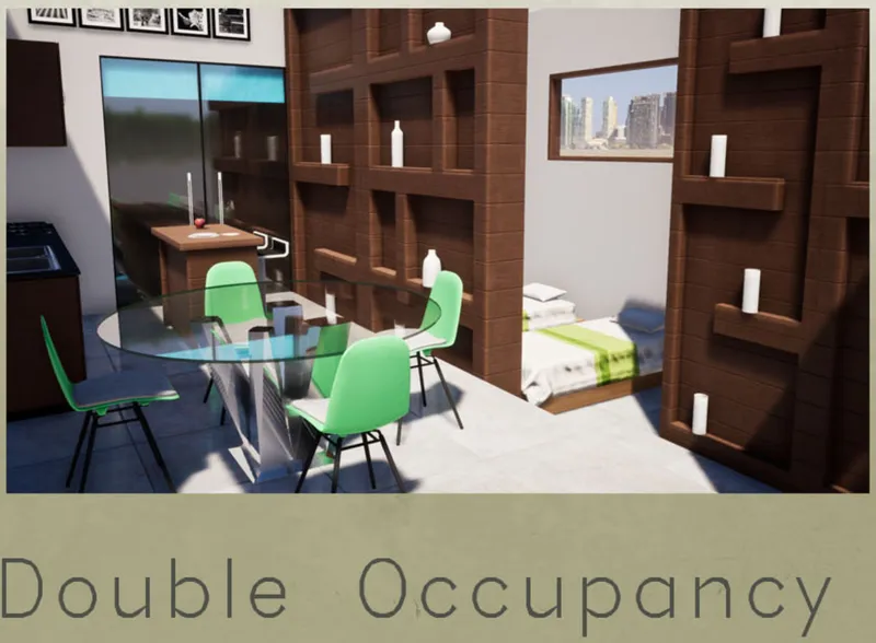 Interior rendering of the compact living space with timber storage wall, dining table, and sleeping alcove