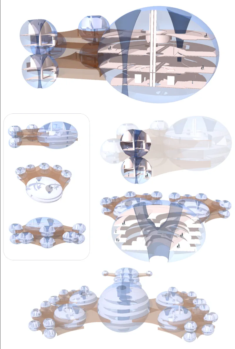 Axonometric renderings showing the multi-level arrangement of domed volumes connected by stepped terraces in snow