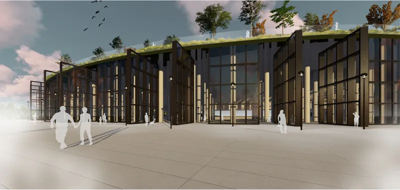 Rendered entrance facade with dark vertical columns, large glazing panels, and green roof with people walking