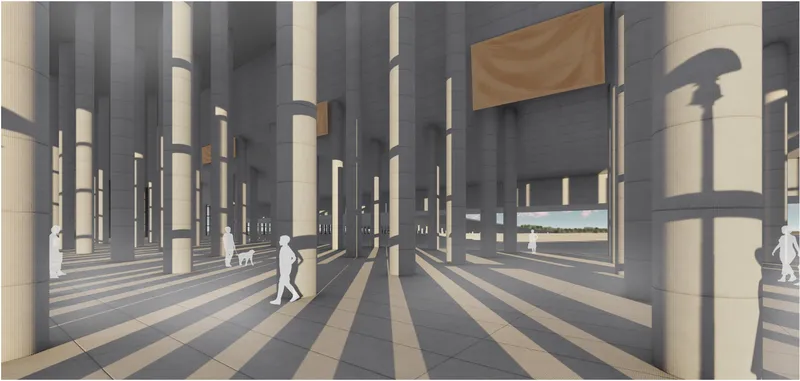 Interior view through a colonnade of cylindrical columns casting long shadows across a tiled floor