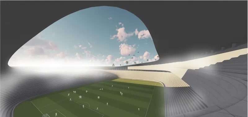 View of a sunken playing field enclosed by curving ribbed roof surfaces with a large arched opening
