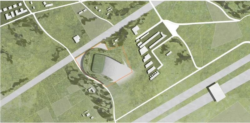 Site plan drawing showing a curved building footprint within a landscape of roads and scattered trees