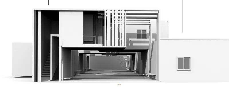 Section model showing layered interior spaces with exposed horizontal and vertical structural elements