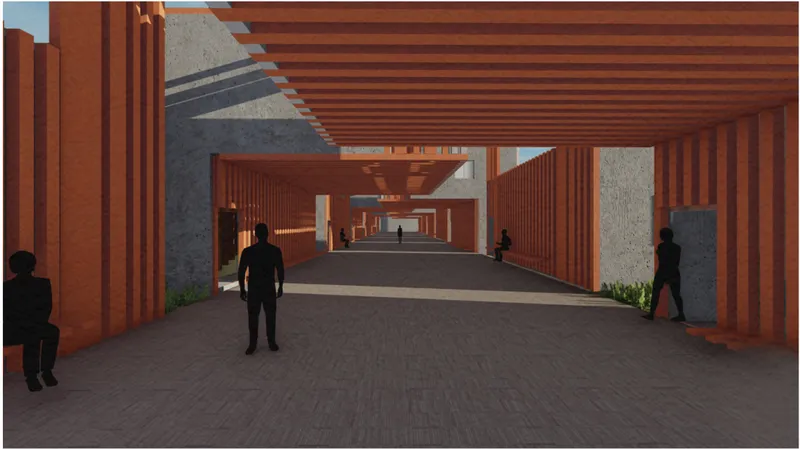 Rendering of a covered courtyard with horizontal red timber slats overhead and three silhouetted figures