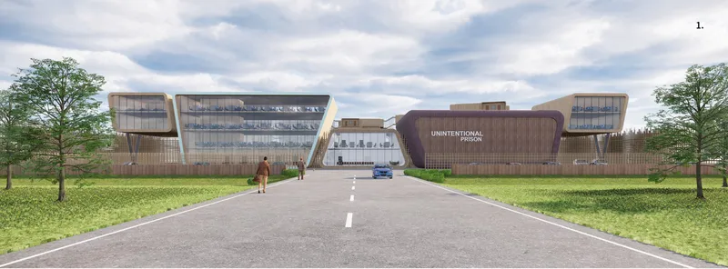 Frontal view of the campus entry road with angled volumes and glazed facades under cloudy skies
