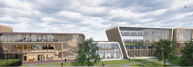 Side elevation showing the cantilevered volumes with metal cladding and full-height glazing among scattered trees