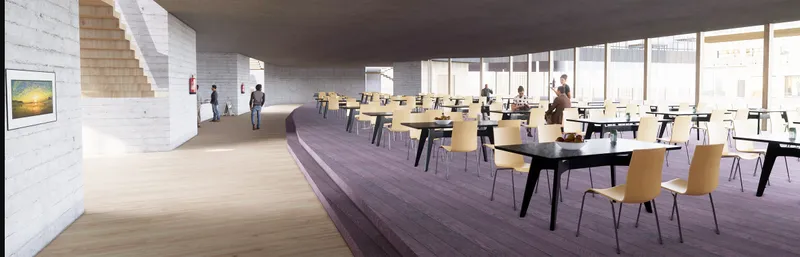 Cafeteria space with timber tables, purple flooring and a curved ramp beside a textured concrete wall