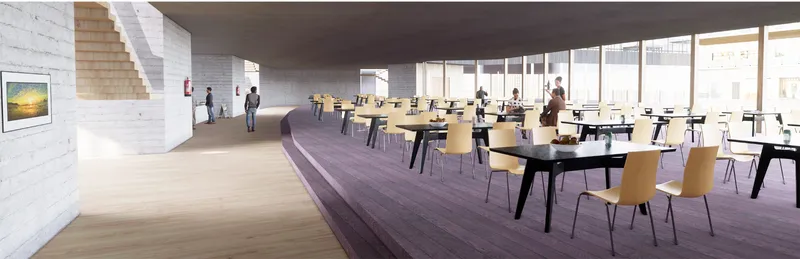 Interior rendering of a dining hall with light wood tables, purple carpet, and floor-to-ceiling windows