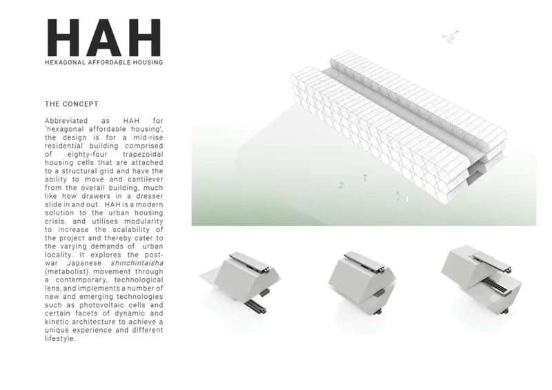 Axonometric drawing showing modular housing units arranged in a grid with detailed assembly diagrams