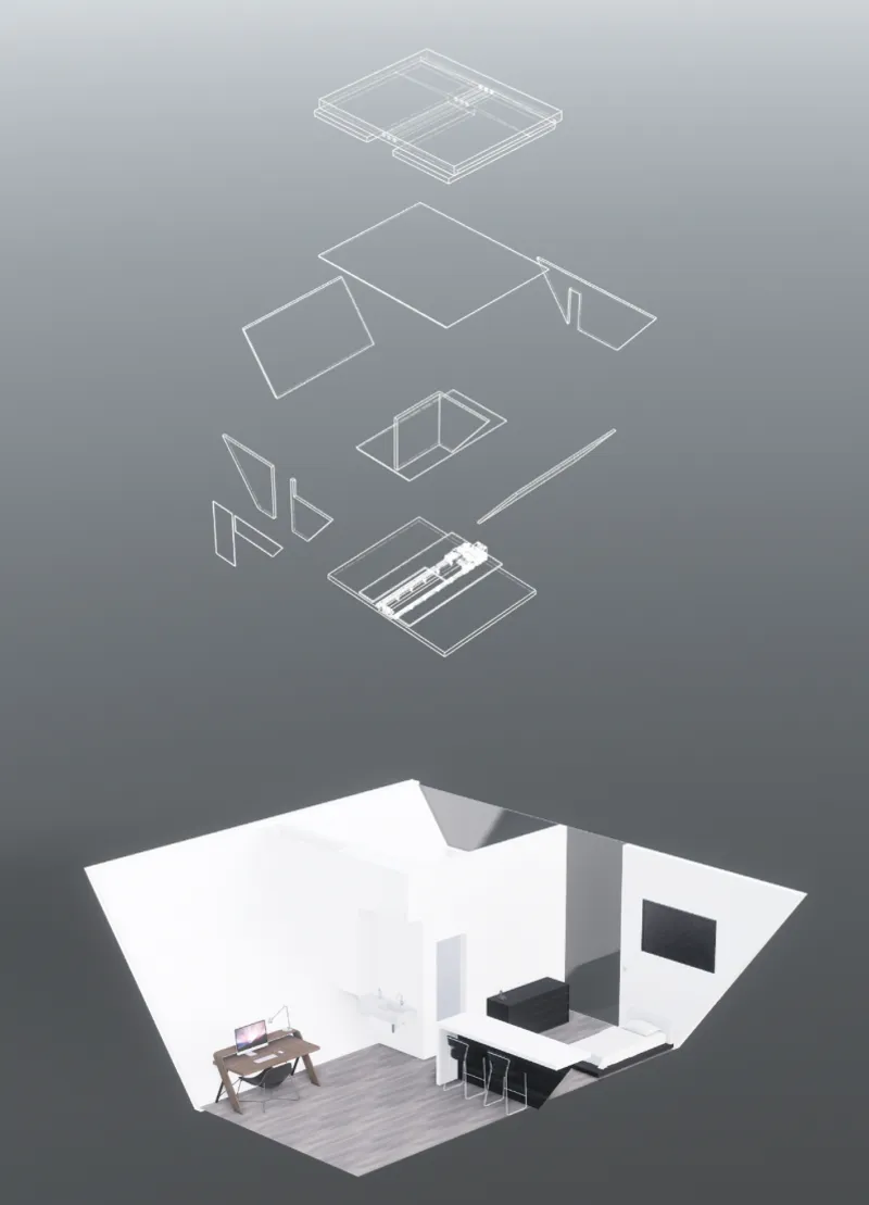 Exploded axonometric diagram showing layered trapezoidal building components above a furnished interior unit