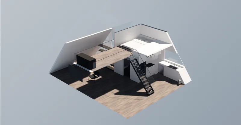 Cutaway axonometric view of a trapezoidal housing module with timber furniture and metal staircase