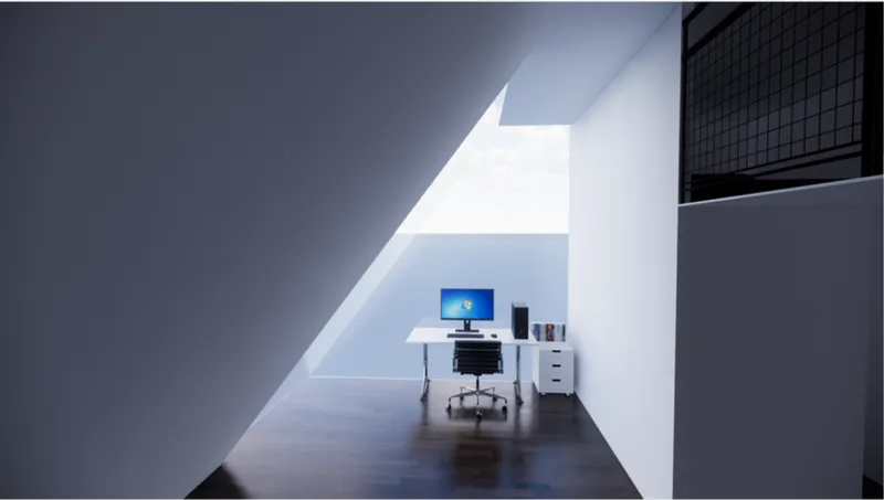 Workspace nook beneath an angled skylight with desk and rooftop solar panel visible above