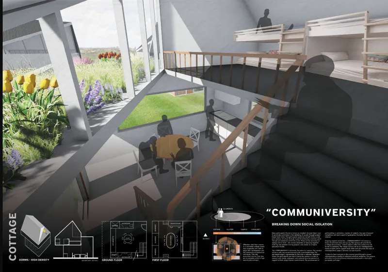 Interior rendering showing a double-height communal space with timber stair, planted courtyard, and seated figures