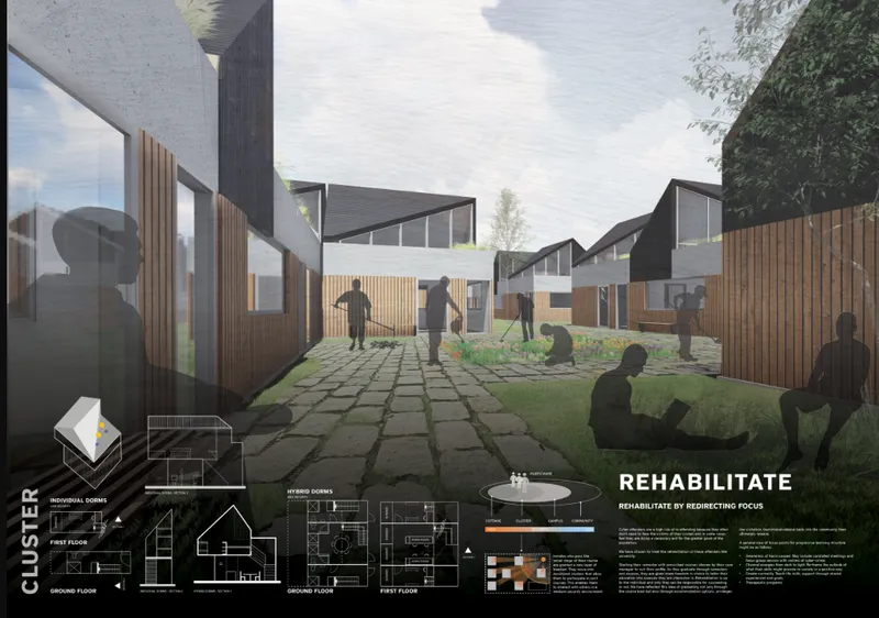 Courtyard view with paved grid pathways, vertical timber cladding, and figures gathered on grass under cloudy skies