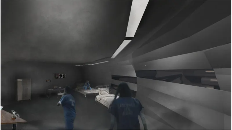 Interior rendering with angular wall planes and a skylight illuminating figures in a darkened space