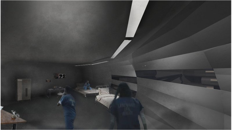 Interior rendering with angular wall planes and a skylight illuminating figures in a darkened space