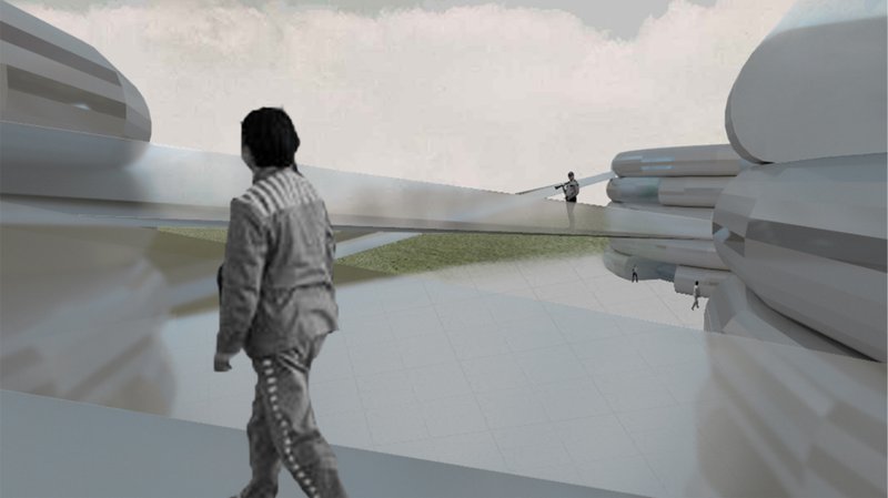 Courtyard view with curved white volumes and a figure walking toward a central lawn