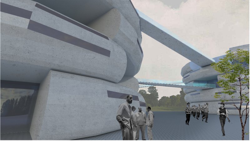 Exterior plaza with stacked concrete volumes and pedestrians gathering beneath an overcast sky