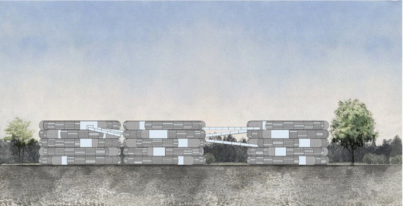 Elevation drawing showing three stacked volumes with horizontal banding and trees framing the composition