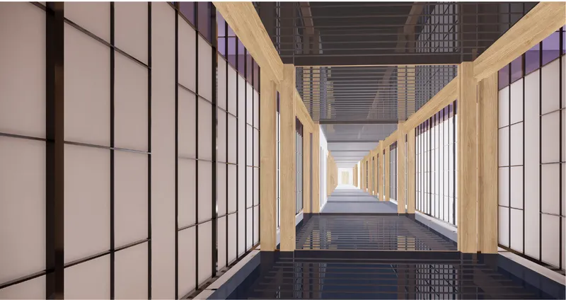 Long corridor with timber framing, translucent shoji screens, and perforated metal flooring casting shadows below