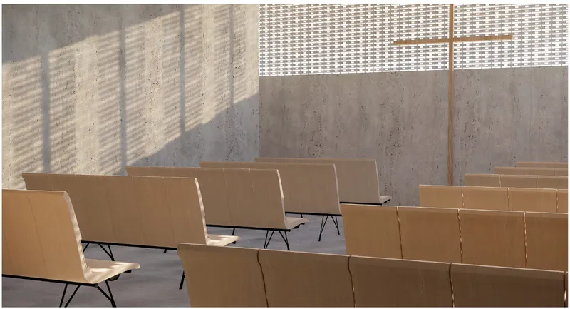Rows of timber benches in a prayer hall with patterned clerestory light on concrete walls