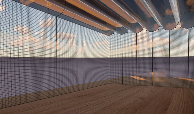 Interior space with timber ceiling beams, mesh screen walls, and suspended textile partitions filtering golden light