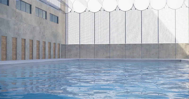 Courtyard pool with mesh screen facade and timber slats against raw concrete walls