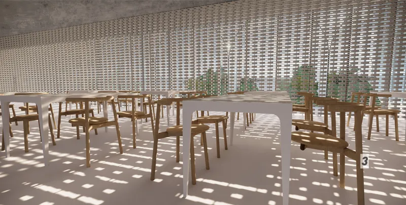 Dining area with timber chairs and tables behind a woven mesh screen creating dappled sunlight patterns