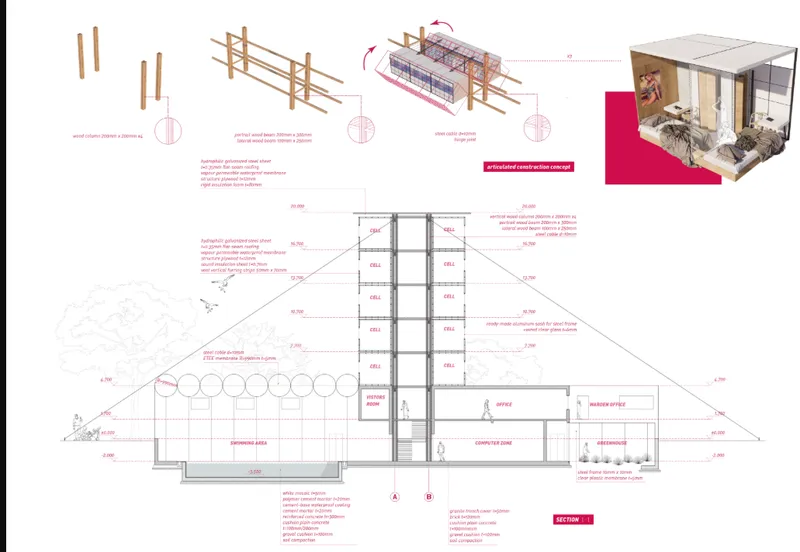 Section drawing showing a multi-story structure with timber frame components and interior spatial relationships