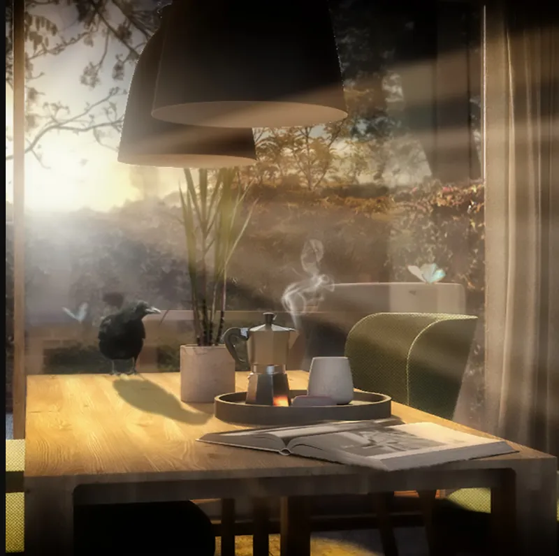 Wooden dining table with coffee service and magazine bathed in morning sunlight from window