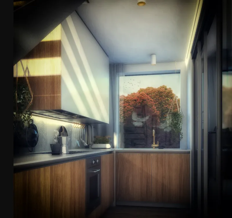 Galley kitchen with timber cabinetry and window view framed by afternoon light and shadow