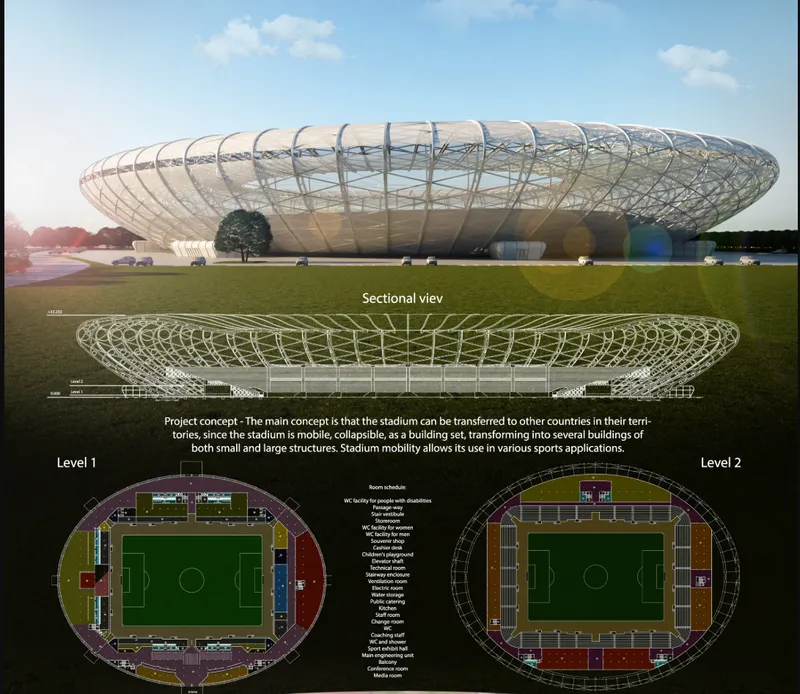 Rendering and sectional drawing showing an oval stadium with ribbed structural framework beneath scattered clouds