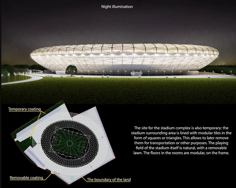 Night rendering of the illuminated stadium with glowing translucent envelope over a grass field under starry sky