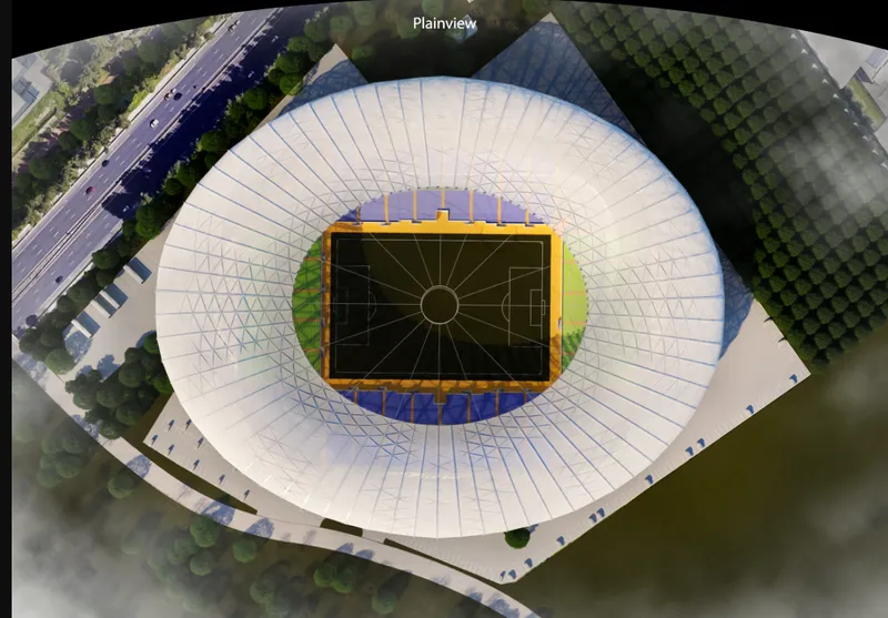 Plan view rendering showing the oval stadium with central pitch and radiating structural ribs over surrounding site