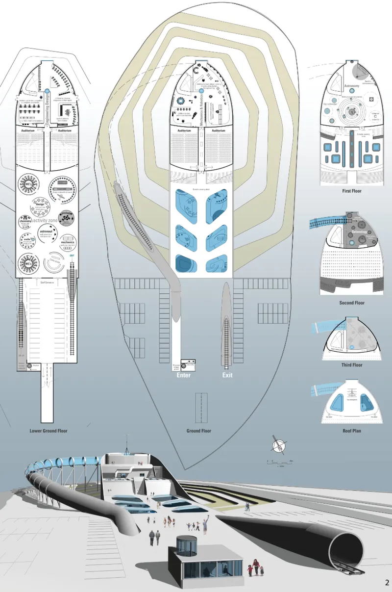 Floor plan drawings and perspective view showing the bulbous form with curving access ramps