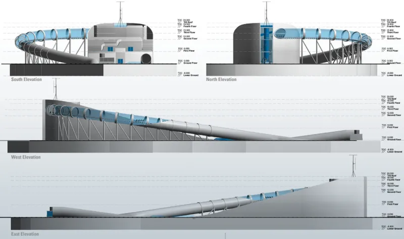 Elevation drawings from four directions showing the tubular glazed roof and sloping grade relationships