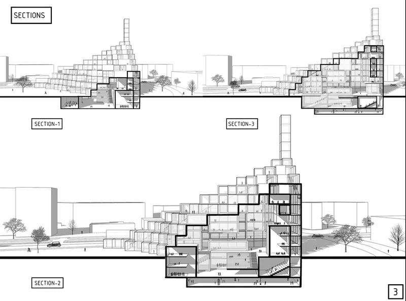 Section drawings revealing stepped massing with internal spaces and surrounding landscape context