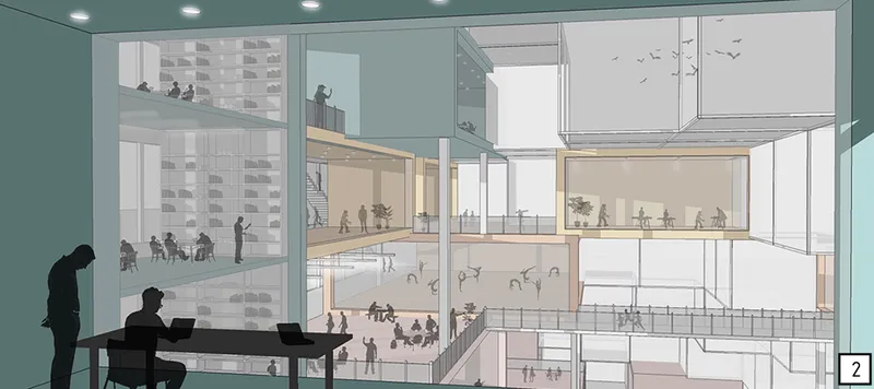 Interior perspective sketch of multi-level atrium with occupants and natural light from above
