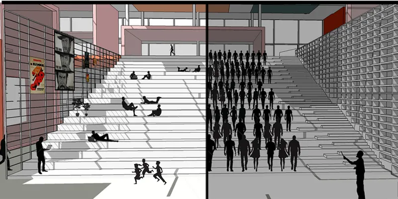 Perspective rendering of wide interior stair with gathered occupants and brick screening walls