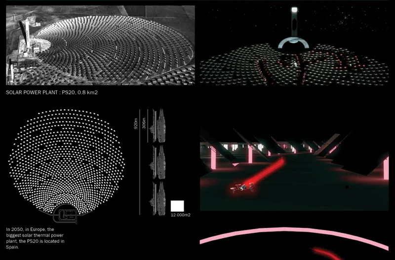 Composite panel showing aerial views of the circular solar array and plan diagrams with scale comparisons