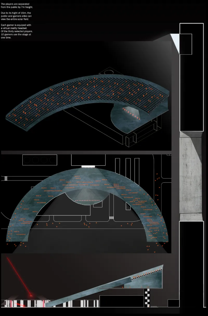 Axonometric and elevation drawings showing the curved roof structure with solar panels and central void