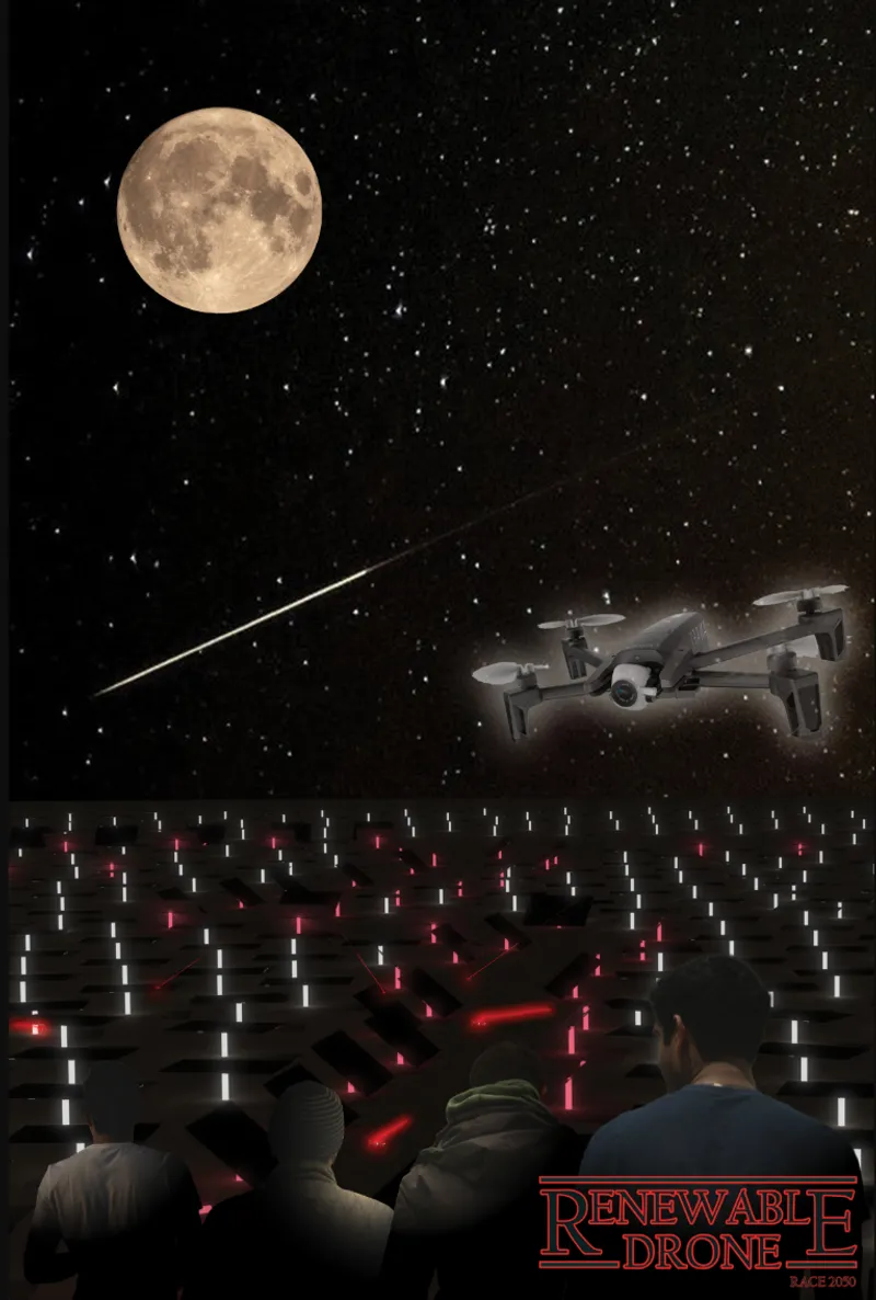 Rendering of the drone hovering above the illuminated landing field under a full moon and starry sky