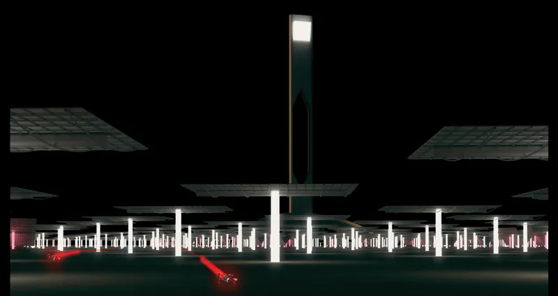 Night rendering of the elevated canopy with illuminated white columns and red streaks of traffic below
