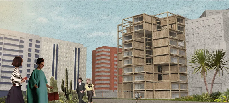 Rendered perspective showing timber frame residential tower with open structural bays and palm trees at street level